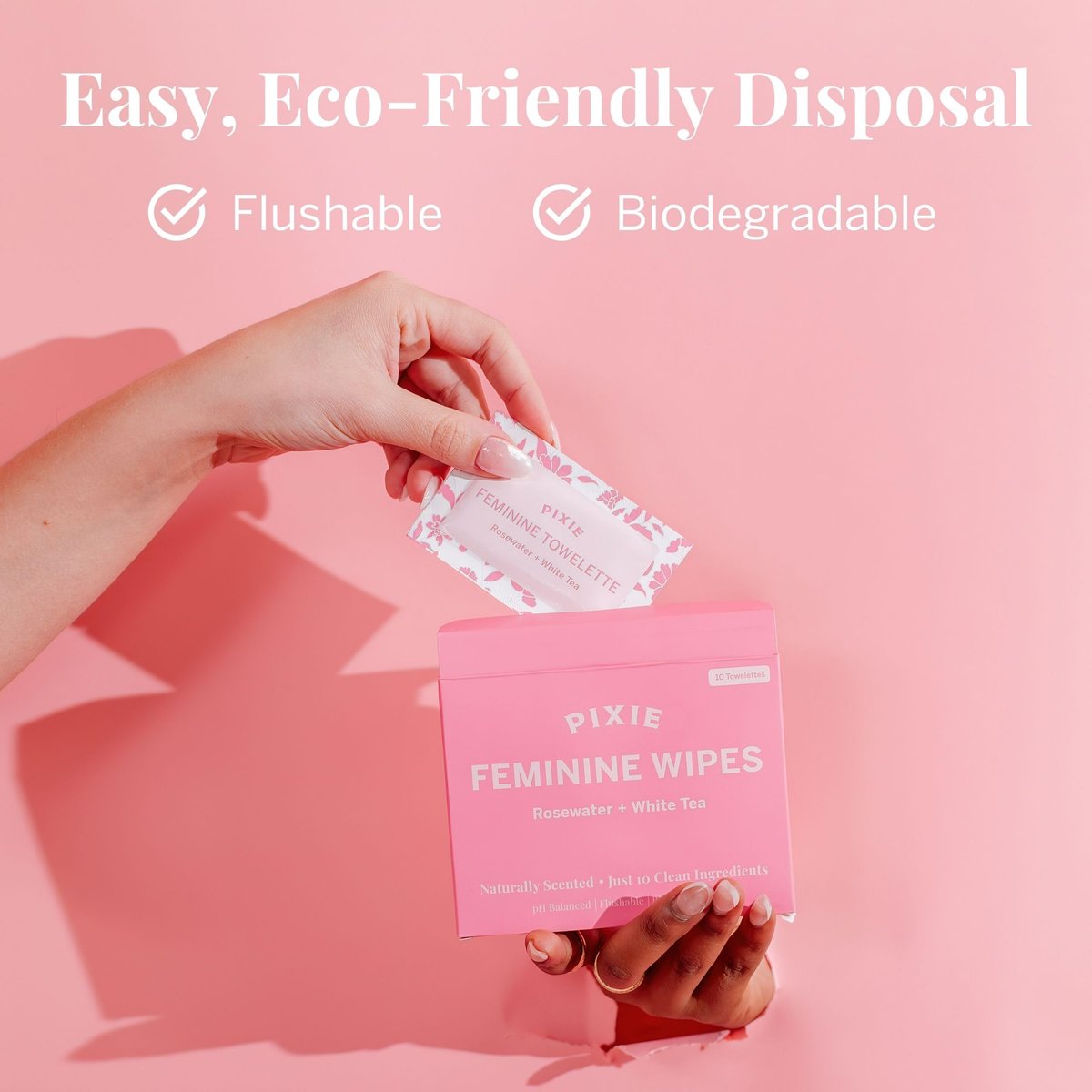 Pixie Feminine Wipes – Natürlich duftend nach Rosenwasser + Weißem Tee – Spülbar, biologisch abbaubar & pH-ausgeglichen – einzeln verpackte Tücher für unterwegs – Reiniger für Menstruationstassen & -scheiben (10 Stück)