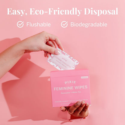 Pixie Feminine Wipes – Natürlich duftend nach Rosenwasser + Weißem Tee – Spülbar, biologisch abbaubar & pH-ausgeglichen – einzeln verpackte Tücher für unterwegs – Reiniger für Menstruationstassen & -scheiben (10 Stück)