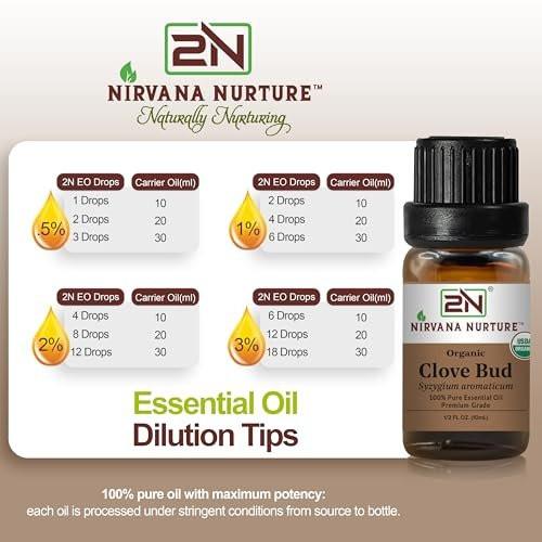 Nirvana Nurture Bio Nelkenknospen-Öl, USDA Bio, 100% rein unverdünnt, Aromatherapieöl für Diffuser, Haar & Hautpflege, 0,34 Fl Oz