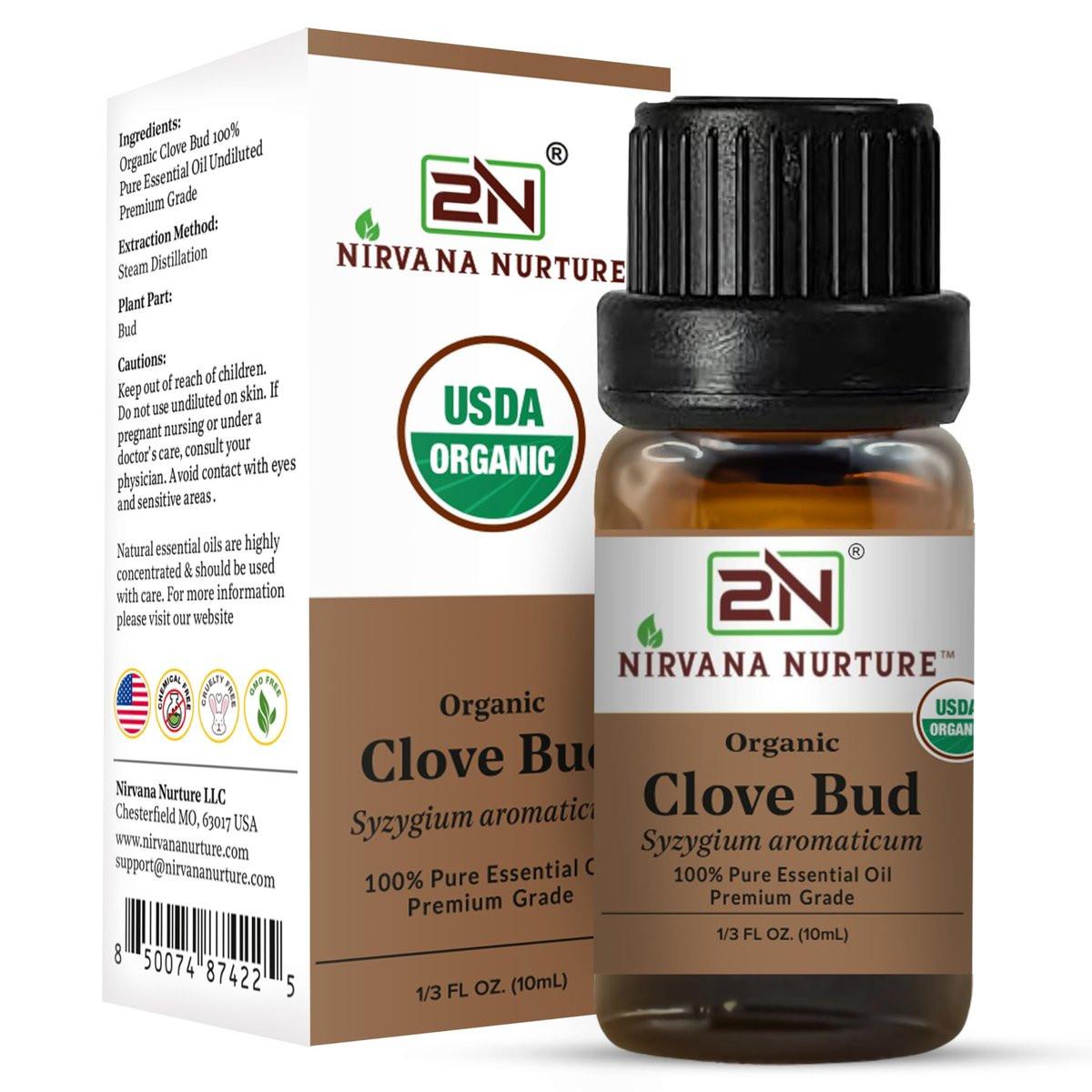 Nirvana Nurture Bio Nelkenknospen-Öl, USDA Bio, 100% rein unverdünnt, Aromatherapieöl für Diffuser, Haar & Hautpflege, 0,34 Fl Oz