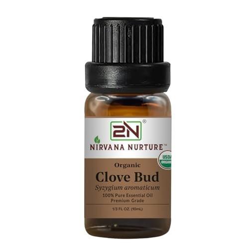 Nirvana Nurture Bio Nelkenknospen-Öl, USDA Bio, 100% rein unverdünnt, Aromatherapieöl für Diffuser, Haar & Hautpflege, 0,34 Fl Oz