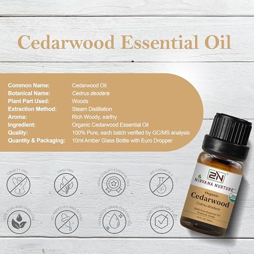 Nirvana Nurture Zedernholz Ätherisches Öl, USDA Bio, 100% Rein Unverdünnt, Aromatherapie Öl für Diffuser, Haar- und Hautpflege