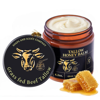 Weidegefütterter geschlagener Rindertalg-Honig-Balsam für das Gesicht mit Bienenwachs – Reich an Vitaminen A, D, E und K und Pflege für Gesicht und Körper – 4,2 Unzen (duftend)