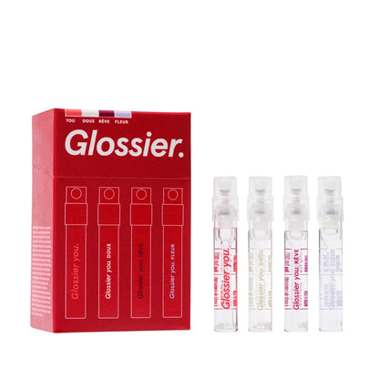 Glossier You Mini Wardrobe Duftset – 4 Unisex Reisegrößen Eau de Parfum für Frauen & Männer – Hautduft-Verstärker Parfümproben – You, Fleur, Doux, Rêve – je 1,5 ml
