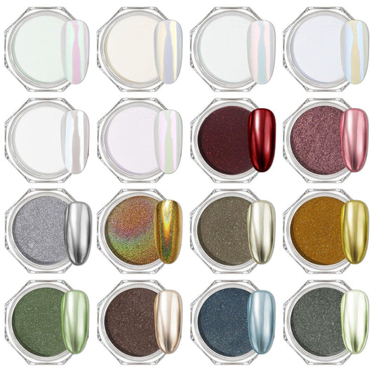 Artdone 16 Gläser Chrom-Nagelpuder Magic White Pearl Kit – Farbiger Spiegeleffekt Silber Gold Metallic Holografisches Dip-Nagelpigmentpulver für Harz-Bastelarbeiten & Nagelkunst-Zubehör