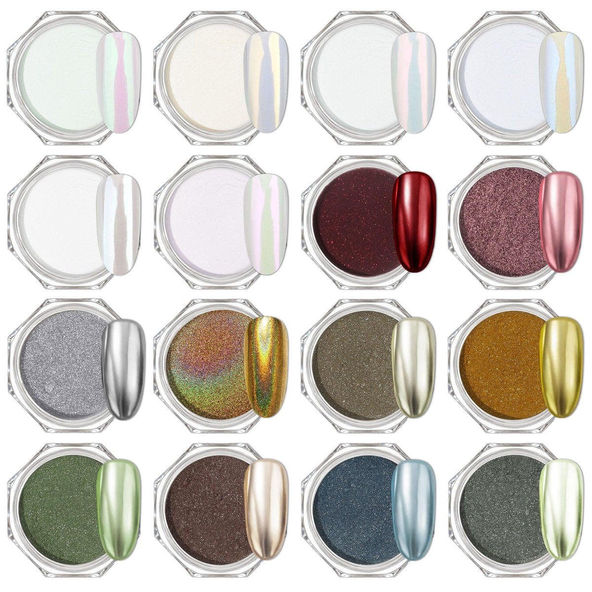 Artdone 16 Gläser Chrom-Nagelpuder Magic White Pearl Kit – Farbiger Spiegeleffekt Silber Gold Metallic Holografisches Dip-Nagelpigmentpulver für Harz-Bastelarbeiten & Nagelkunst-Zubehör