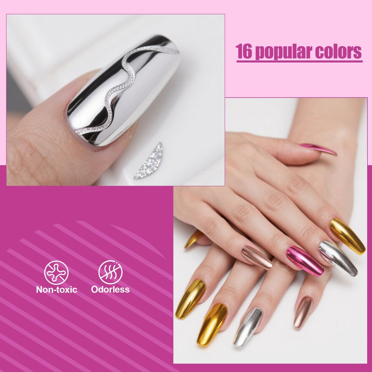 Artdone 16 Gläser Chrom-Nagelpuder Magic White Pearl Kit – Farbiger Spiegeleffekt Silber Gold Metallic Holografisches Dip-Nagelpigmentpulver für Harz-Bastelarbeiten & Nagelkunst-Zubehör