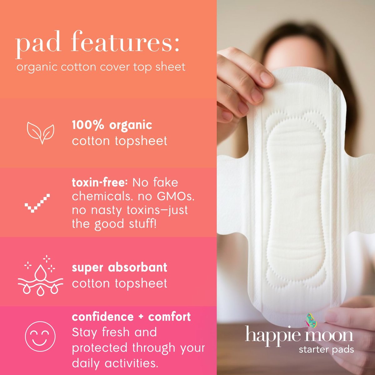 Happie Moon Bio-Baumwoll-Binden für Tweens & Teens | Ultradünne Binden mit Flügeln | Chlorfrei & Duftfrei | Starter & Small Variety Pack, 20 Stück