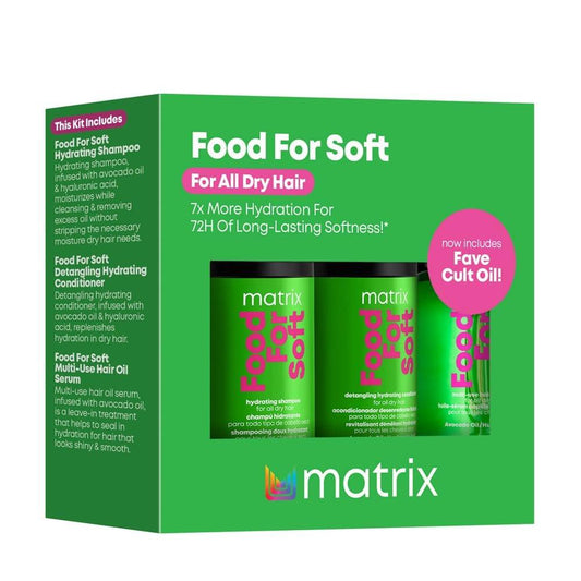 Matrix Food For Soft Reiseset für weiches Haar – Shampoo, Conditioner und Ölserum, professionelle feuchtigkeitsspendende Formel für trockenes, brüchiges Haar, mit Hyaluronsäure & Avocadoöl für Feuchtigkeit, Weichheit & Glanz