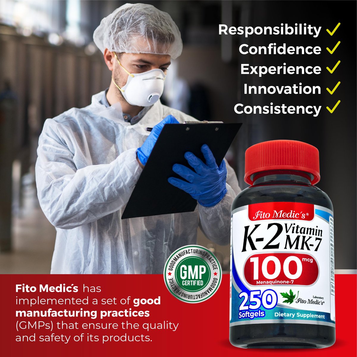 FITO MEDIC'S Lab Vitamin K2 | K2 Vitamin Supplement | Vitamin K | 250 Softgels | 100 mcg