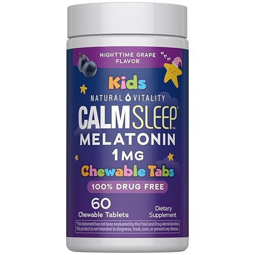 Natural Vitality Kids Calm Sleep Melatonin | 1mg Kautabletten | 100 % Arzneimittelfrei | Nachtliches Traubenaroma | 60 Stück