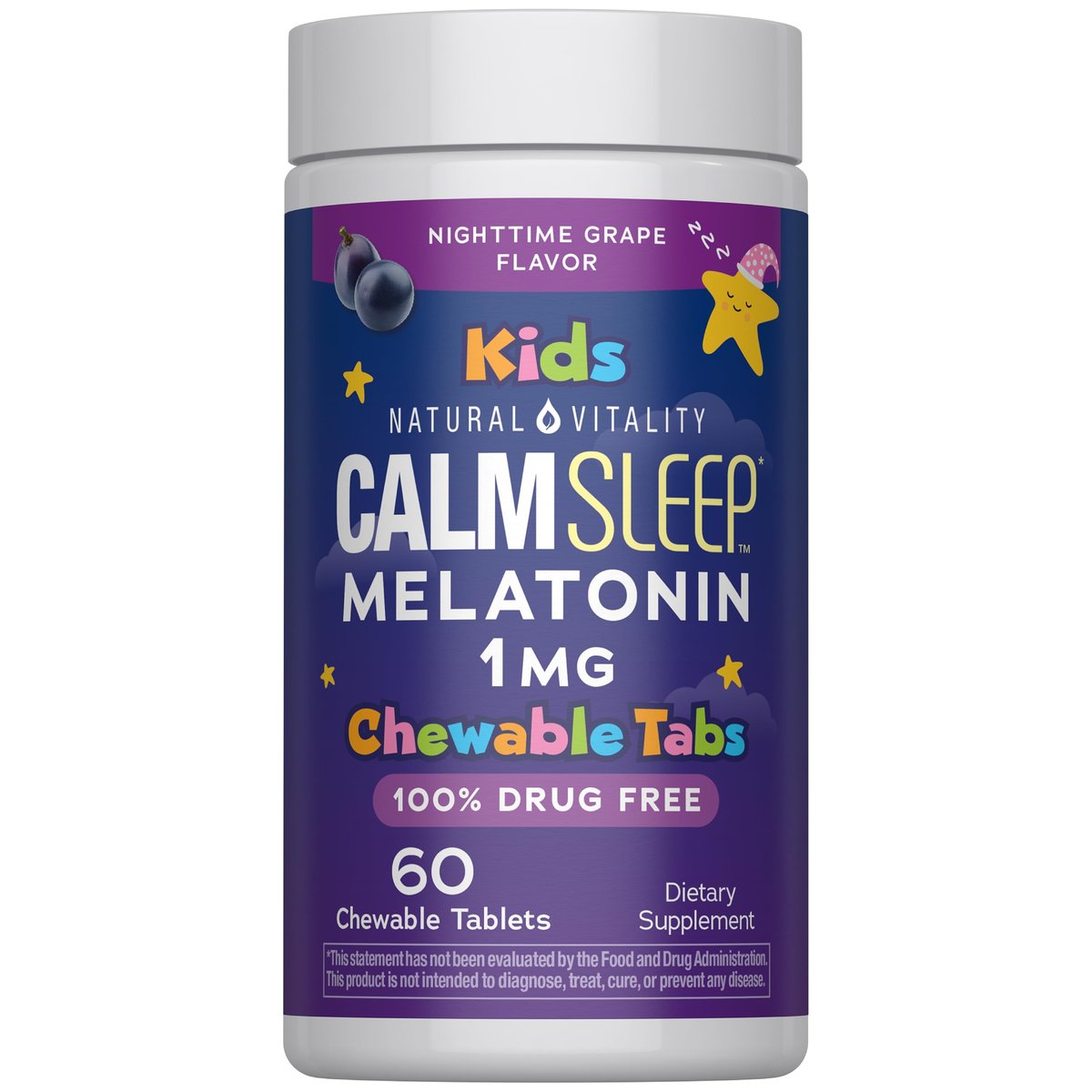 Natural Vitality Kids Calm Sleep Melatonin | 1mg Kautabletten | 100 % Arzneimittelfrei | Nachtliches Traubenaroma | 60 Stück