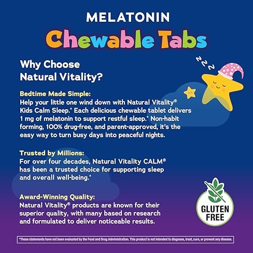 Natural Vitality Kids Calm Sleep Melatonin | 1mg Kautabletten | 100 % Arzneimittelfrei | Nachtliches Traubenaroma | 60 Stück