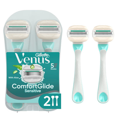 Gillette Venus ComfortGlide Sensitive Einwegrasierer für Frauen – 5 Klingen mit Aloe Vera, wasseraktivierte Feuchtigkeitsstreifen, 2 Stück