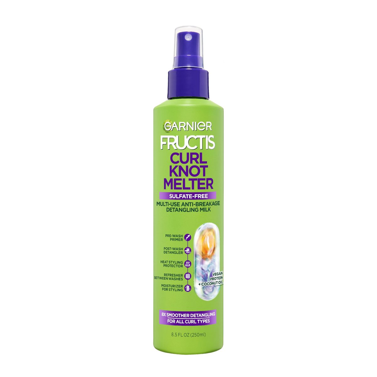 Garnier Fructis Curl Knot Melter Multi-Use Anti-Breakage Detangling Milk, Feuchtigkeitsspendender Entwirrspray und Hitzeschutz für alle Lockentypen, mit veganem Protein und Kokosöl, 250 ml