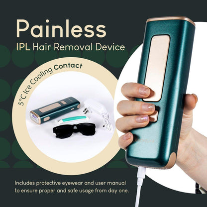 IPL-Haarentfernung mit schmerzfreiem Eiskühlungssystem - Laser-Haarentfernung für Frauen & Männer mit 5 Energieleveln, unbegrenzten Blitzen - Ganzkörperanwendung - Inklusive Rasierer und Schutzbrille