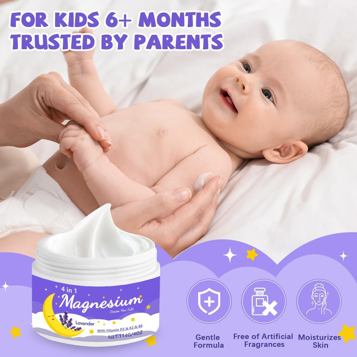 Leyoviz Magnesium Lotion für Kinder – Magnesiumcreme für Babys, reduziert Abendängste und verlängert Schlafdauer, mit Lavendel, Vitamin D3, K2, B6, melatonin-frei, für empfindliche Haut (118 ml)