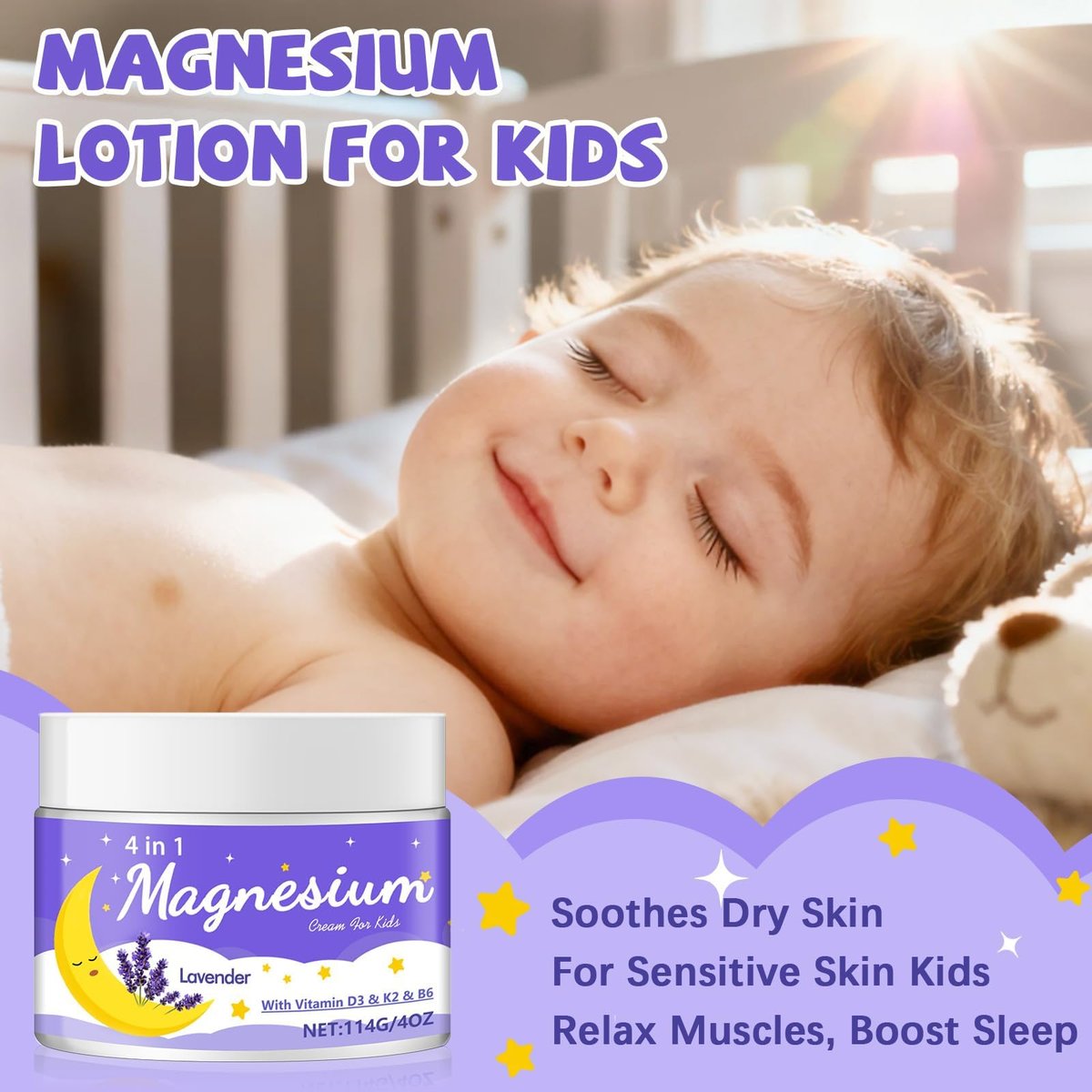 Leyoviz Magnesium Lotion für Kinder – Magnesiumcreme für Babys, reduziert Abendängste und verlängert Schlafdauer, mit Lavendel, Vitamin D3, K2, B6, melatonin-frei, für empfindliche Haut (118 ml)