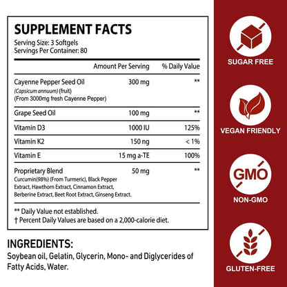 Cayenne Pfeffer Softgel-Kapseln | 12-in-1 pro Portion mit Vitamin D3, K2 & E | Unterstützt gesunde Durchblutung & tägliche Energie | Mit Weißdorn, Rote Bete & Kurkuma | 240 Kapseln