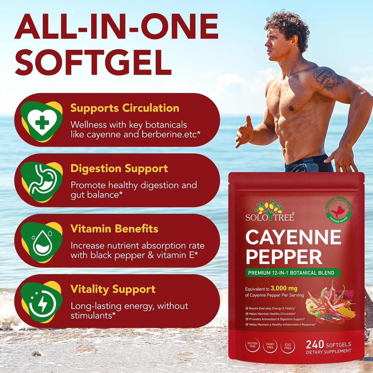 Cayenne-Pfeffer-Kapseln mit Capsaicin, Vitamin E D3 K2, Traubenkern-, Rote-Bete- und Curcuma-Extrakt – 240 Softgel-Kapseln zur Unterstützung von Venen, Herz und Durchblutung
