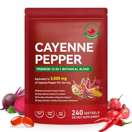 Cayenne Pfeffer Softgel-Kapseln | 12-in-1 pro Portion mit Vitamin D3, K2 & E | Unterstützt gesunde Durchblutung & tägliche Energie | Mit Weißdorn, Rote Bete & Kurkuma | 240 Kapseln