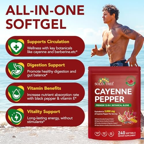 Cayenne Pfeffer Softgel-Kapseln | 12-in-1 pro Portion mit Vitamin D3, K2 & E | Unterstützt gesunde Durchblutung & tägliche Energie | Mit Weißdorn, Rote Bete & Kurkuma | 240 Kapseln