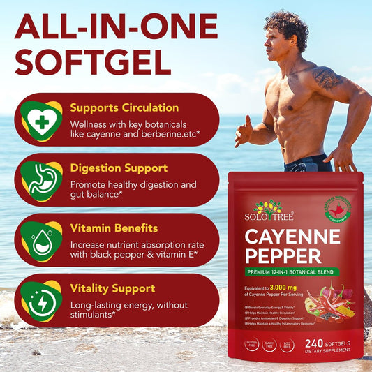 DLOMFVFQ Cayenne-Pfeffer Weichkapseln Ergänzung, Reich an Vitamin E D3+K2 und Extrakten aus Traubenkern, Weißdorn, Rote Bete und anderen, Unterstützt die Gesundheit von Beinvenen, Herz und Blutgefäßen - 240 Weichkapseln/1 Packung