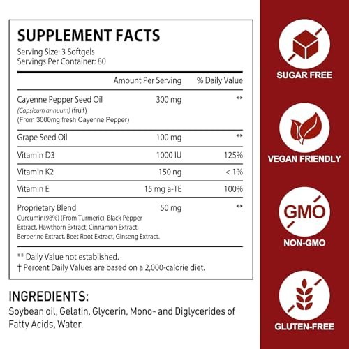 Cayenne Pfeffer Softgel-Kapseln | 12-in-1 pro Portion mit Vitamin D3, K2 & E | Unterstützt gesunde Durchblutung & tägliche Energie | Mit Weißdorn, Rote Bete & Kurkuma | 240 Kapseln