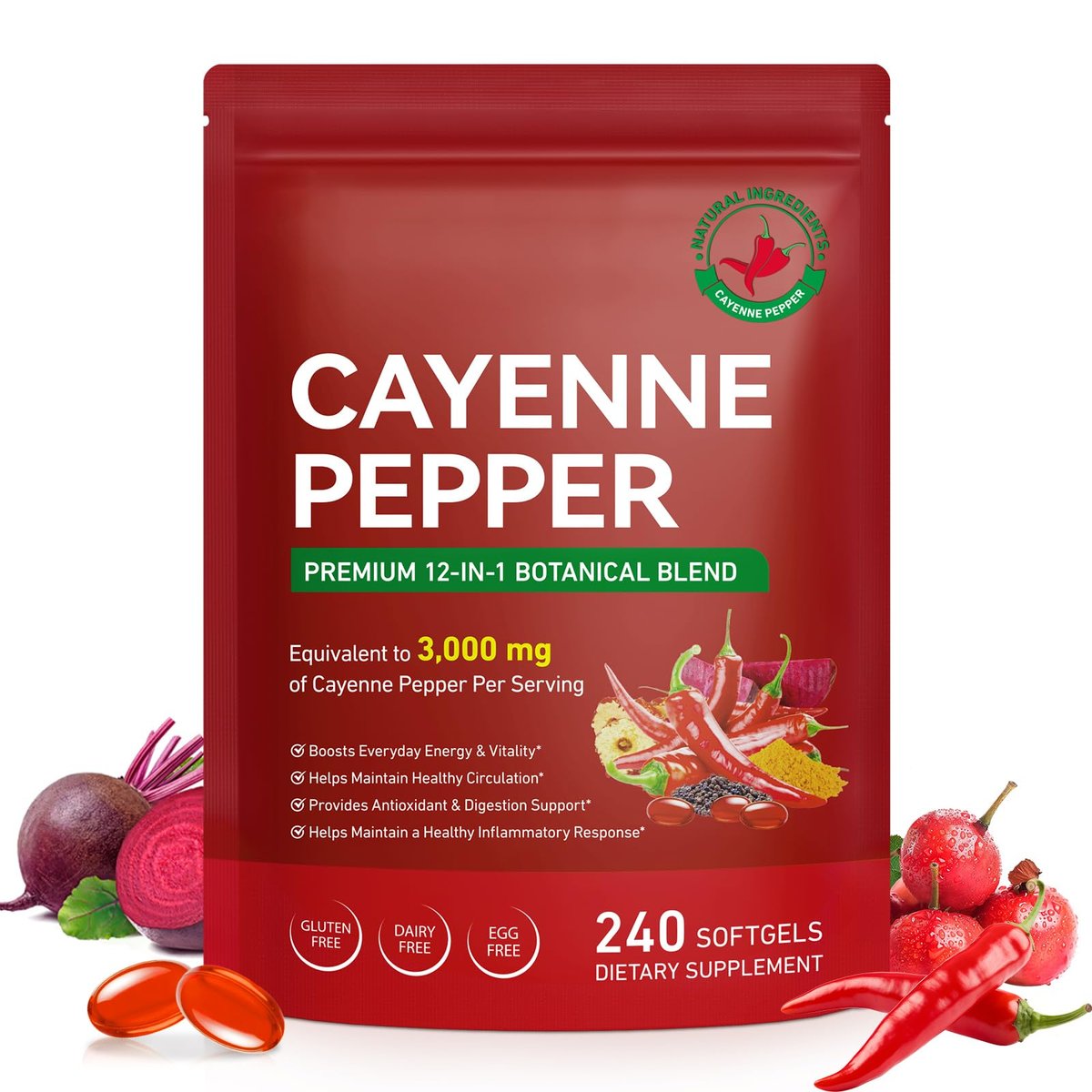 Cayenne Pfeffer Softgel-Kapseln | 12-in-1 pro Portion mit Vitamin D3, K2 & E | Unterstützt gesunde Durchblutung & tägliche Energie | Mit Weißdorn, Rote Bete & Kurkuma | 240 Kapseln