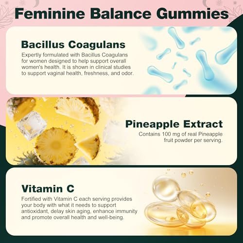 Oneoo Feminine Balance Gummies – Premium Gummis für die pH-Gesundheit der Frau, Immun- und Energieunterstützung, vegan, glutenfrei, hawaiianische Ananas, 60 Stück