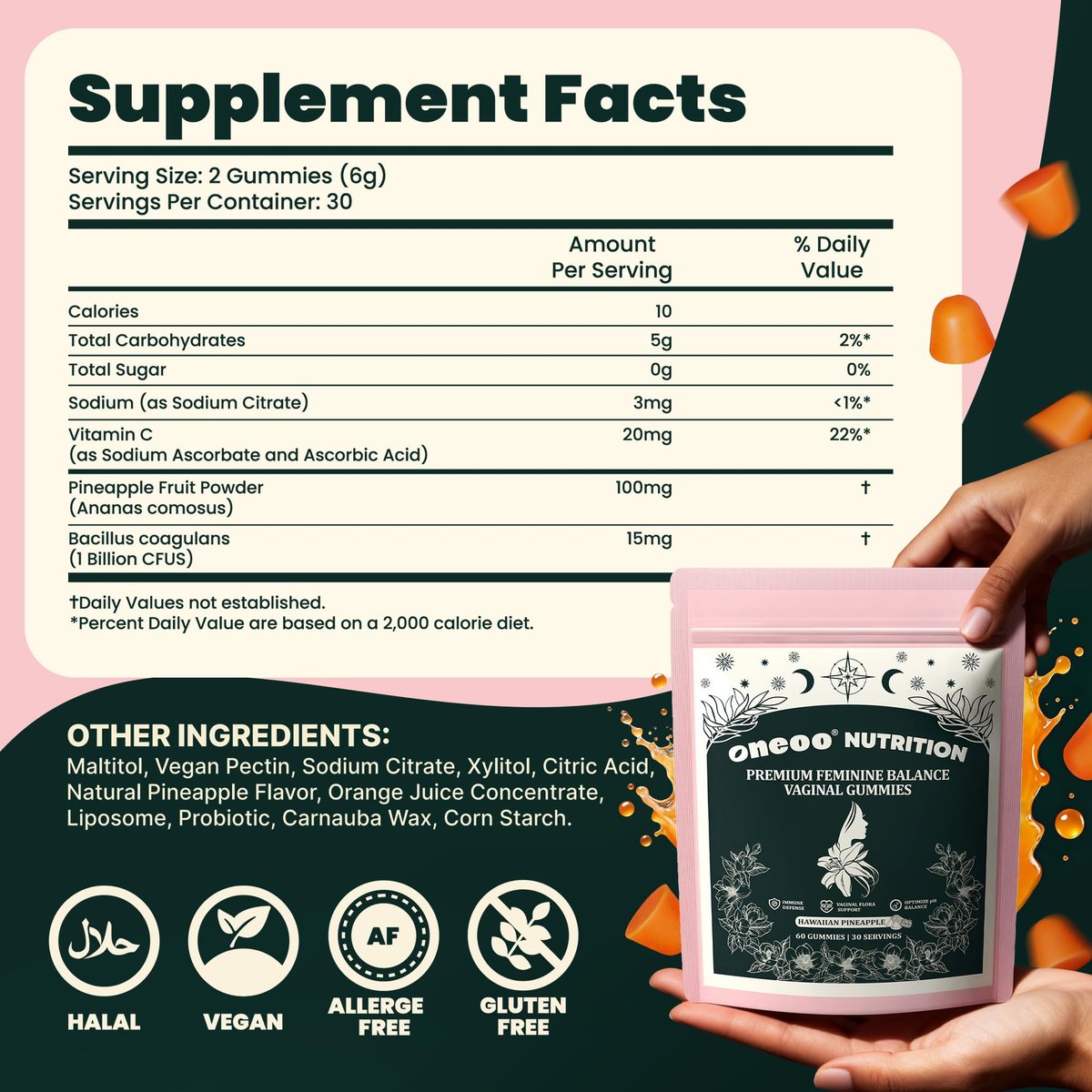 Oneoo Feminine Balance Gummies – Premium Gummis für die pH-Gesundheit der Frau, Immun- und Energieunterstützung, vegan, glutenfrei, hawaiianische Ananas, 60 Stück