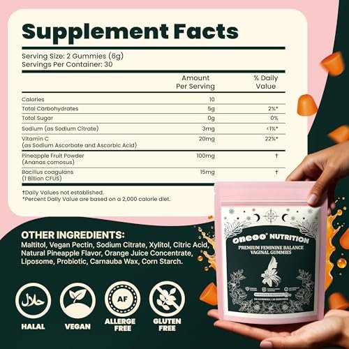 Oneoo Feminine Balance Gummies – Premium Gummis für die pH-Gesundheit der Frau, Immun- und Energieunterstützung, vegan, glutenfrei, hawaiianische Ananas, 60 Stück