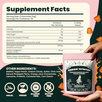 Oneoo Feminine Balance Gummies – Premium Gummis für die pH-Gesundheit der Frau, Immun- und Energieunterstützung, vegan, glutenfrei, hawaiianische Ananas, 60 Stück