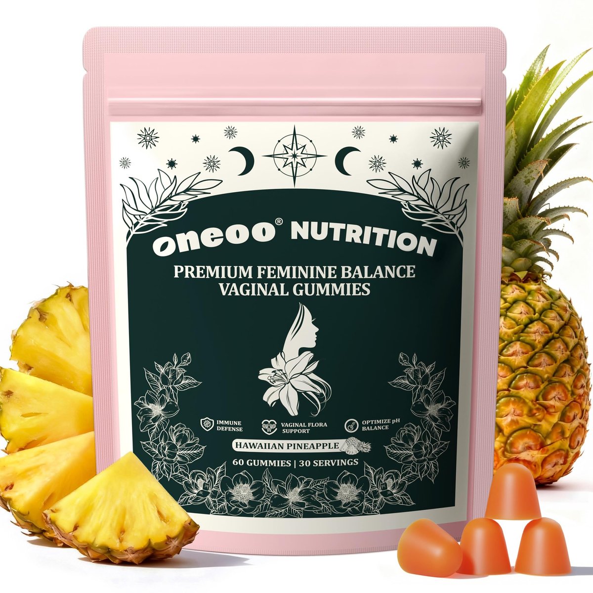 Oneoo Feminine Balance Gummies – Premium Gummis für die pH-Gesundheit der Frau, Immun- und Energieunterstützung, vegan, glutenfrei, hawaiianische Ananas, 60 Stück