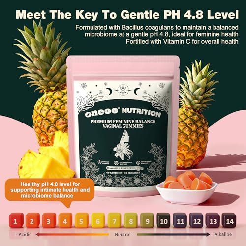 Oneoo Feminine Balance Gummies – Premium Gummis für die pH-Gesundheit der Frau, Immun- und Energieunterstützung, vegan, glutenfrei, hawaiianische Ananas, 60 Stück