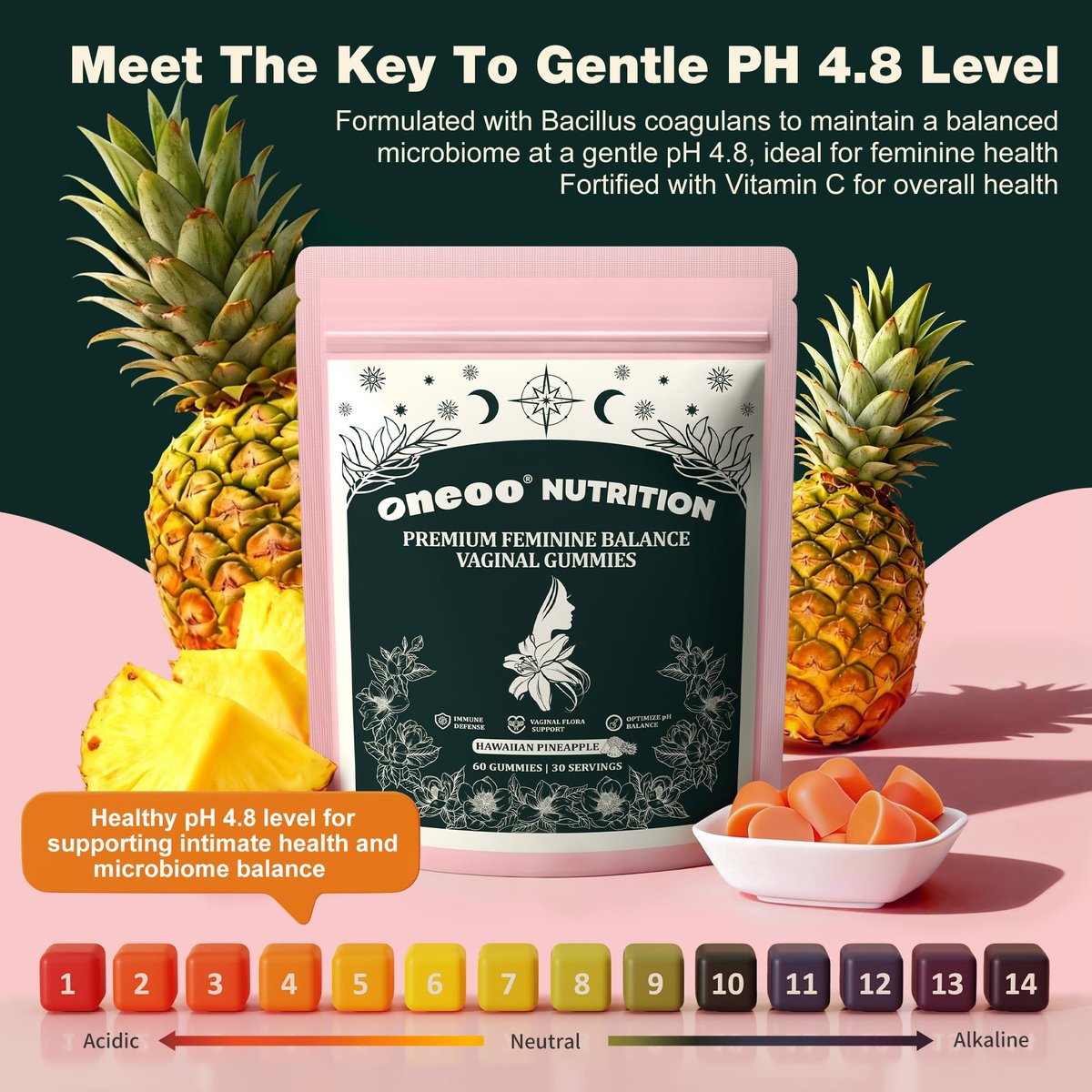 Oneoo Feminine Balance Gummies – Premium Gummis für die pH-Gesundheit der Frau, Immun- und Energieunterstützung, vegan, glutenfrei, hawaiianische Ananas, 60 Stück