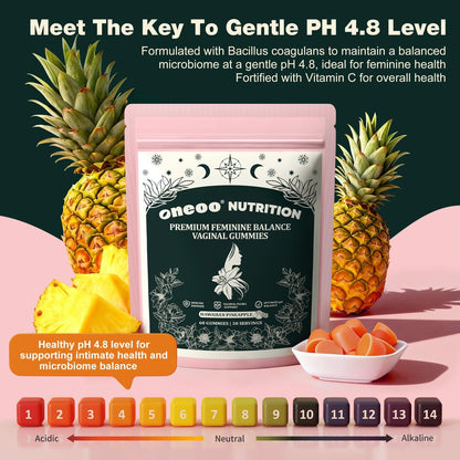 Oneoo Feminine Balance Gummies – Premium Gummis für die pH-Gesundheit der Frau, Immun- und Energieunterstützung, vegan, glutenfrei, hawaiianische Ananas, 60 Stück