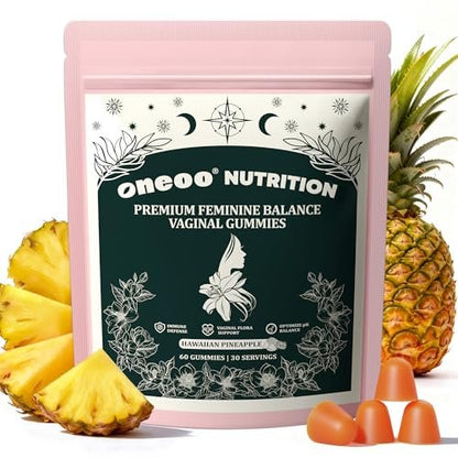 Oneoo Feminine Balance Gummies – Premium Gummis für die pH-Gesundheit der Frau, Immun- und Energieunterstützung, vegan, glutenfrei, hawaiianische Ananas, 60 Stück