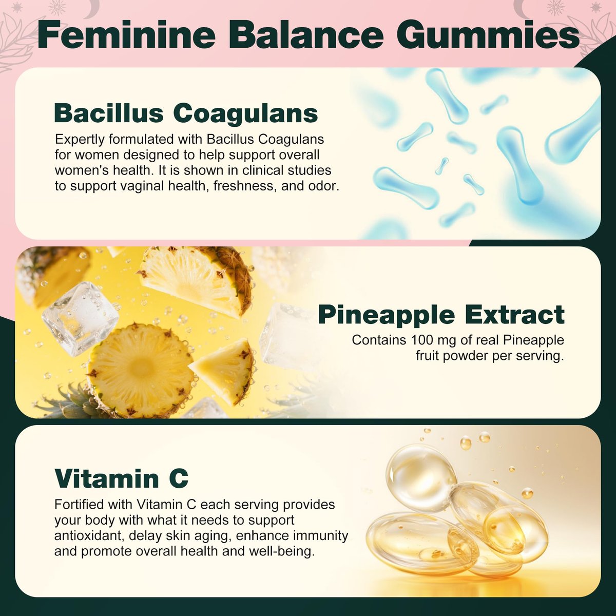 Oneoo Feminine Balance Gummies – Premium Gummis für die pH-Gesundheit der Frau, Immun- und Energieunterstützung, vegan, glutenfrei, hawaiianische Ananas, 60 Stück