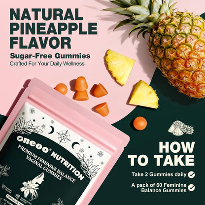 Oneoo Feminine Balance Gummies – Premium Gummis für die pH-Gesundheit der Frau, Immun- und Energieunterstützung, vegan, glutenfrei, hawaiianische Ananas, 60 Stück