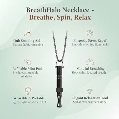 Quit Smoking Necklace mit Fidget Ring & Mint Pods – BreathHalo Raucherentwöhnungshilfe für Stress, Angst & achtsames Atmen, tragbarer Atem-Necklace für Fidget Relief & Rauchstopp