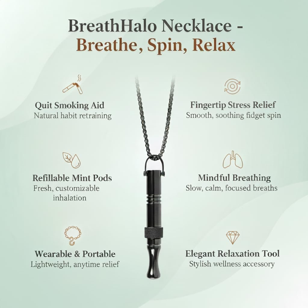 Quit Smoking Necklace mit Fidget Ring & Mint Pods – BreathHalo Raucherentwöhnungshilfe für Stress, Angst & achtsames Atmen, tragbarer Atem-Necklace für Fidget Relief & Rauchstopp