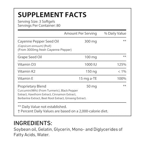 DLOMFVFQ Cayenne-Pfeffer Weichkapseln Ergänzung, Reich an Vitamin E D3+K2 und Extrakten aus Traubenkern, Weißdorn, Rote Bete und anderen, Unterstützt die Gesundheit von Beinvenen, Herz und Blutgefäßen - 240 Weichkapseln/1 Packung