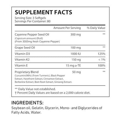 DLOMFVFQ Cayenne-Pfeffer Weichkapseln Ergänzung, Reich an Vitamin E D3+K2 und Extrakten aus Traubenkern, Weißdorn, Rote Bete und anderen, Unterstützt die Gesundheit von Beinvenen, Herz und Blutgefäßen - 240 Weichkapseln/1 Packung