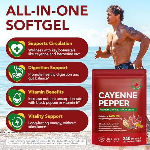 DLOMFVFQ Cayenne-Pfeffer Weichkapseln Ergänzung, Reich an Vitamin E D3+K2 und Extrakten aus Traubenkern, Weißdorn, Rote Bete und anderen, Unterstützt die Gesundheit von Beinvenen, Herz und Blutgefäßen - 240 Weichkapseln/1 Packung