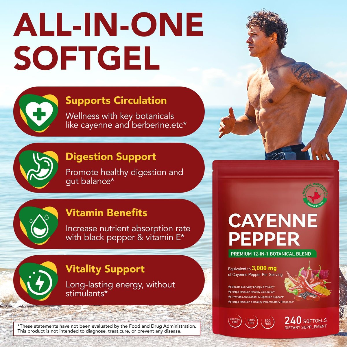 DLOMFVFQ Cayenne-Pfeffer Weichkapseln Ergänzung, Reich an Vitamin E D3+K2 und Extrakten aus Traubenkern, Weißdorn, Rote Bete und anderen, Unterstützt die Gesundheit von Beinvenen, Herz und Blutgefäßen - 240 Weichkapseln/1 Packung