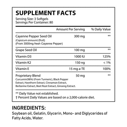 DLOMFVFQ Cayenne-Pfeffer Weichkapseln Ergänzung, Reich an Vitamin E D3+K2 und Extrakten aus Traubenkern, Weißdorn, Rote Bete und anderen, Unterstützt die Gesundheit von Beinvenen, Herz und Blutgefäßen - 240 Weichkapseln/1 Packung