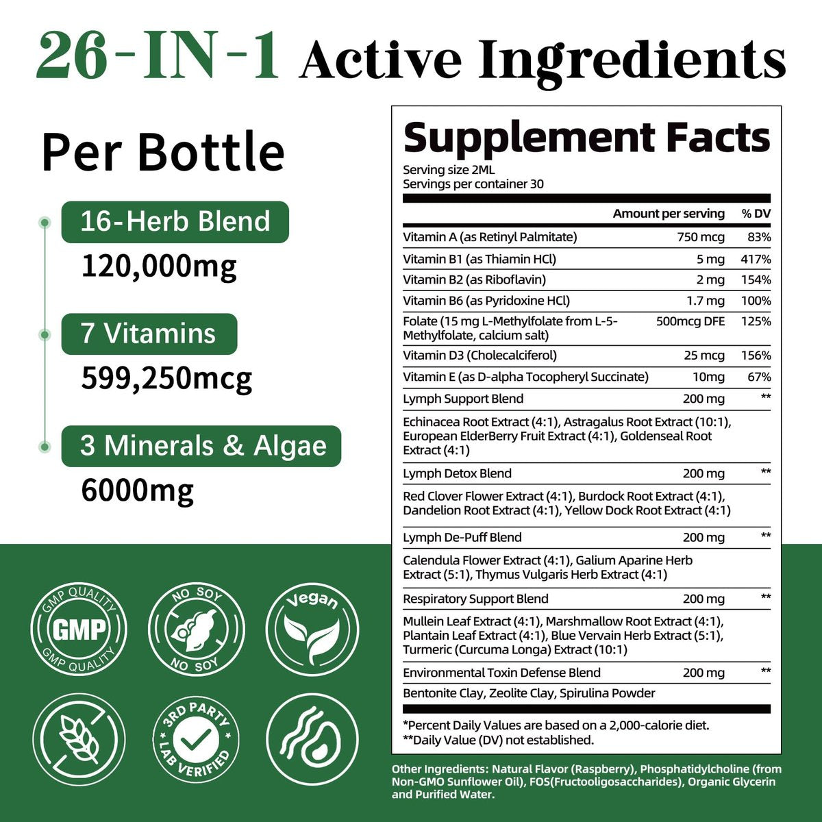 Migcopat 26-in-1 Liposomale Lymphdrainage-Tropfen – Echinacea, Kurkuma, Holunder, Löwenzahn, Vitamine und Königskerze für Lunge, Lymphsystem, Immununterstützung, Leberreinigung & -reparatur, 60 ml