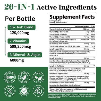 Migcopat 26-in-1 Liposomale Lymphdrainage-Tropfen – Echinacea, Kurkuma, Holunder, Löwenzahn, Vitamine und Königskerze für Lunge, Lymphsystem, Immununterstützung, Leberreinigung & -reparatur, 60 ml
