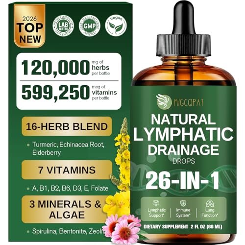Migcopat 26-in-1 Liposomale Lymphdrainage-Tropfen – Echinacea, Kurkuma, Holunder, Löwenzahn, Vitamine und Königskerze für Lunge, Lymphsystem, Immununterstützung, Leberreinigung & -reparatur, 60 ml